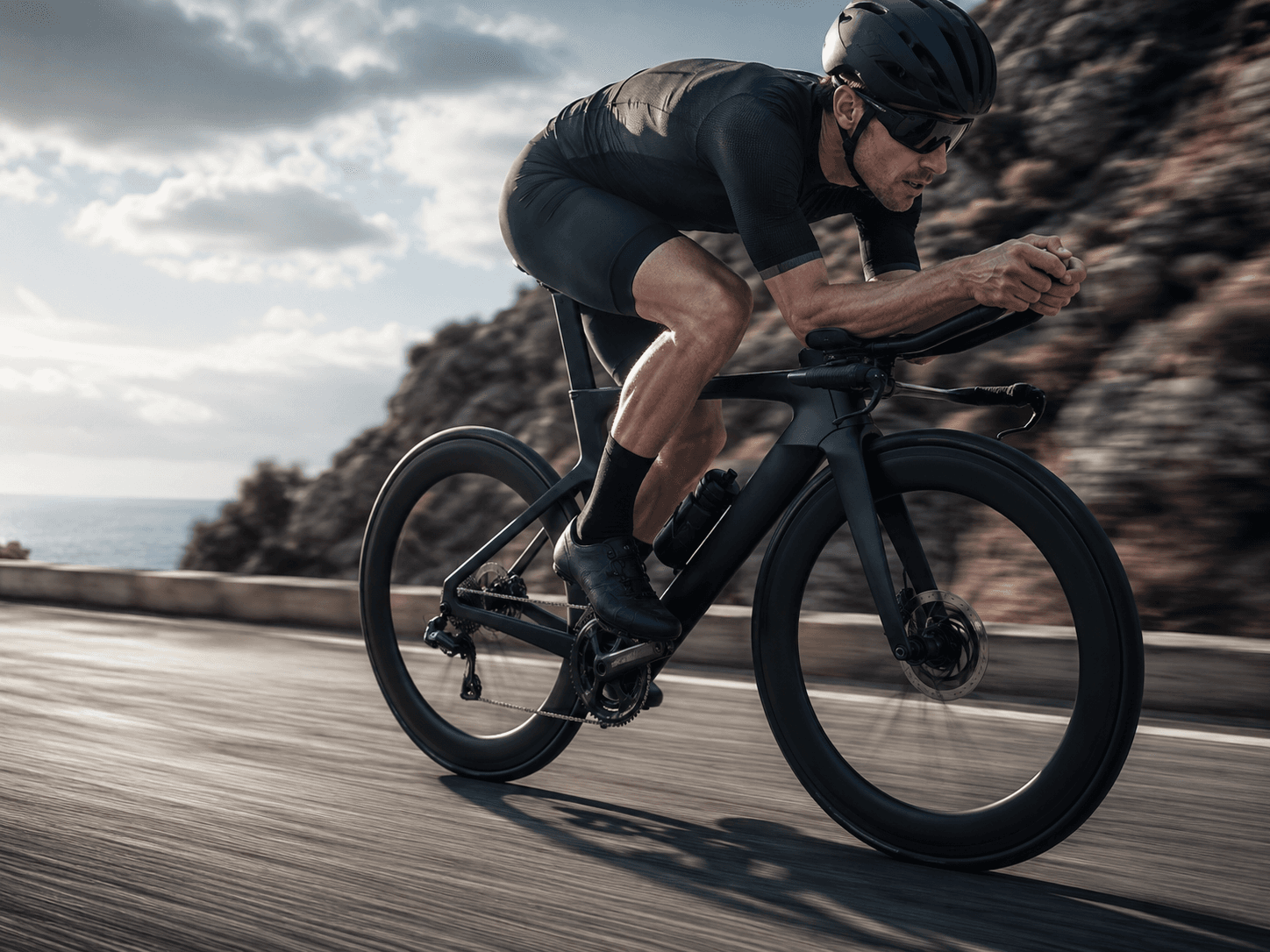 Wielrenner in aerodynamische houding op een snelle racefiets