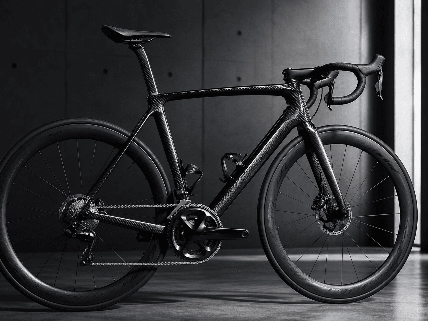 Zwarte racefiets met zichtbaar koolstofvezel frame